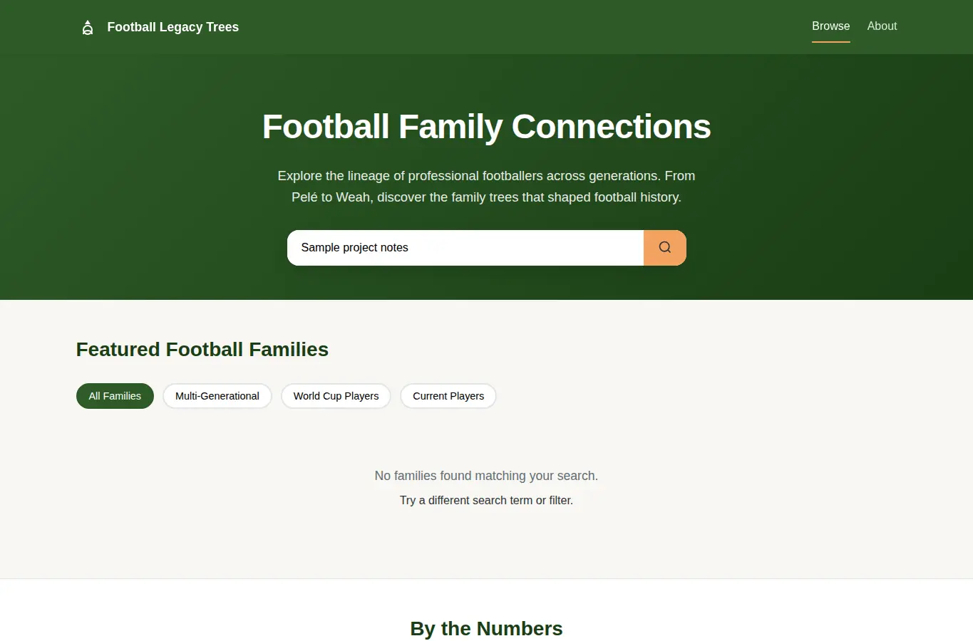 Screenshot of Footballer Family Legacy Tree interface showing the project page in use